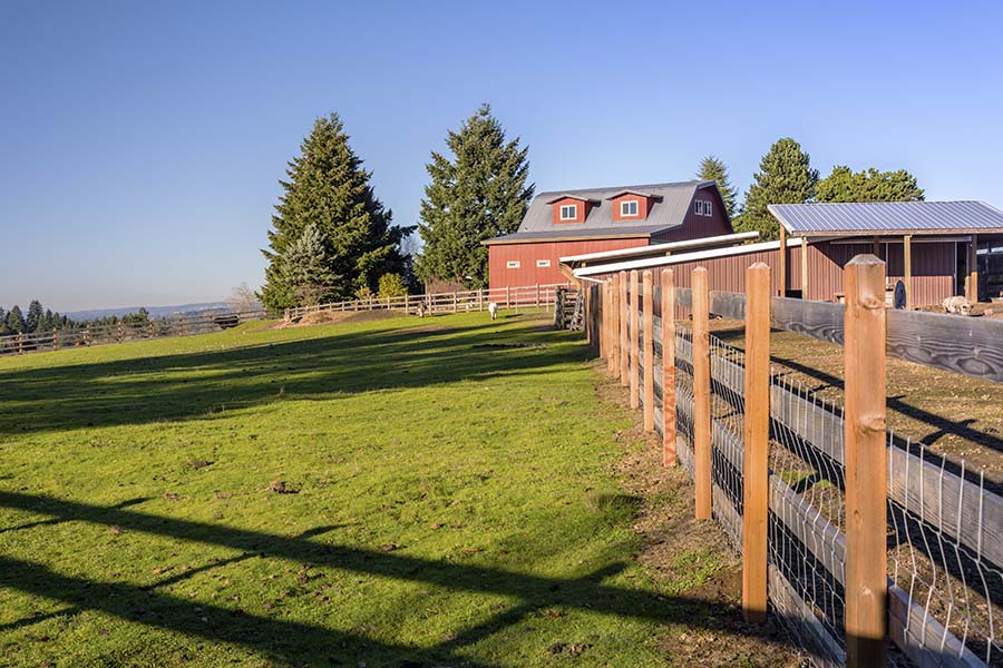 Specialized Business Insurance - Red Barn and Fenced in Farm Animal Area Next to Green Grass on a Small Farm in Oregon on a Sunny Day